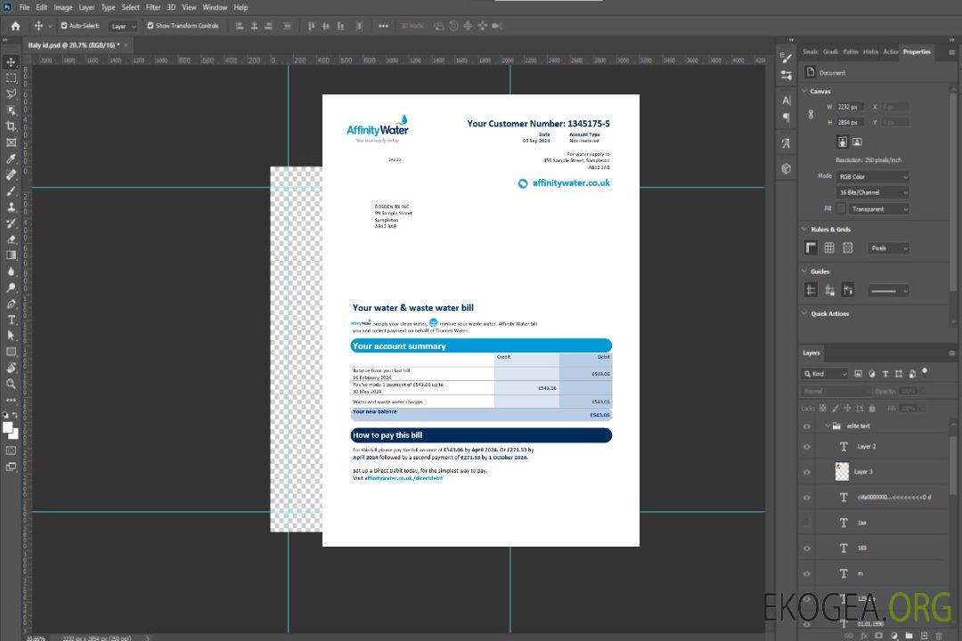 Modèle de facture de services publics d'entreprise Affinity Water au Royaume-Uni aux formats Word et PDF template